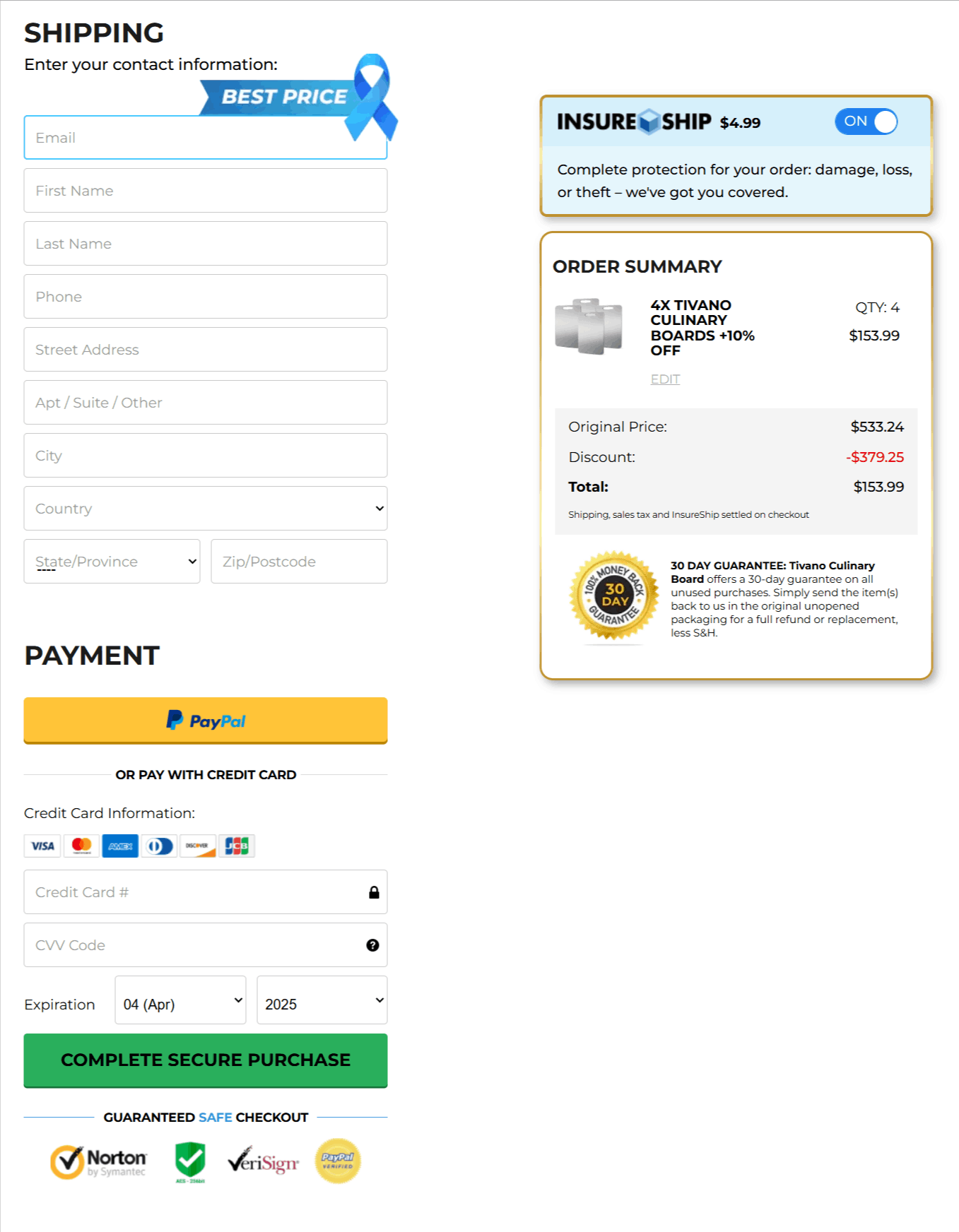 Tivano Cutting Board checkout page